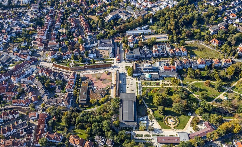 Aerial view, graduation works Bad Salzuflen, rose garden, spa gardens, concert hall in the spa gardens, Bad Salzuflen, East Westphalia-Lippe, North Rhine-Westphalia, Germany, DE, Europe, graduation works, culture, art, aerial photography, aerial photography, OLWBUCH, OWL, OWL-Buch, East Westphalia, park, Parkstraße, thermal baths, overview, events, event location, event venue, bird's-eye view, birds-eyes view, cultural use, overview