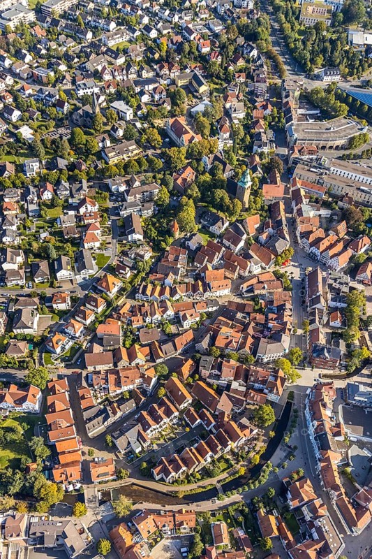 Aerial view, river Salze, old town Bad Salzuflen, East Westphalia-Lippe, North Rhine-Westphalia, Germany, Bad Salzuflen, City, DE, Europe, property tax, real estate, city centre, aerial view, aerial photography, aerial photography, OLWBUCH, OWL, OWL-Buch, local view, East Westphalia, townscape, city area, city centre, overview, bird's-eye view, residential area, living and living, residential area, residential buildings, residential quality, residential quarter, residential estate, birds-eyes view, overview