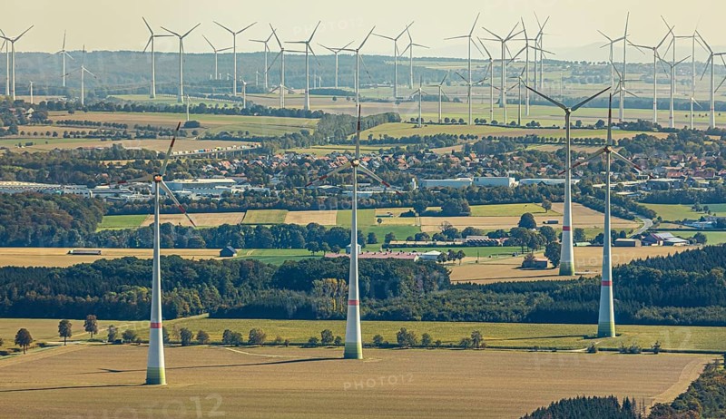 Aerial photo, wind turbines, Wewelsburg, Büren, Ostwestfalen-Lippe, North Rhine-Westphalia, Germany, DE, energy, energy industry, Europe, distant view, aerial view, aerial photography, aerial photography, OLWBUCH, OWL, OWL-Buch, Ostwestfalen, electricity, overview, bird's-eye view, WEA, meadows and fields, wind energy, wind turbine, wind farm, wind power, wind power plant, wind park, birds-eyes view, overview