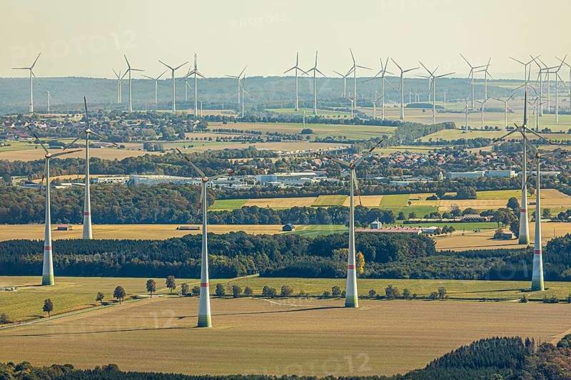 Aerial photo, wind turbines, Wewelsburg, Büren, Ostwestfalen-Lippe, North Rhine-Westphalia, Germany, DE, energy, energy industry, Europe, distant view, aerial view, aerial photography, aerial photography, OLWBUCH, OWL, OWL-Buch, Ostwestfalen, electricity, overview, bird's-eye view, WEA, meadows and fields, wind energy, wind turbine, wind farm, wind power, wind power plant, wind park, birds-eyes view, overview