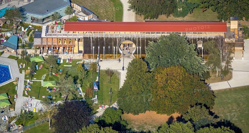 Aerial view, graduation house, Sassendorf, Bad Sassendorf, district of Soest, North Rhine-Westphalia, Germany, salt production plant, DE, Europe, green spaces, wooden scaffolding, district of Soest-Buch, district of Soest-Buch, spa gardens, aerial view, aerial photography, aerial photography, overview, bird's-eye view, overview