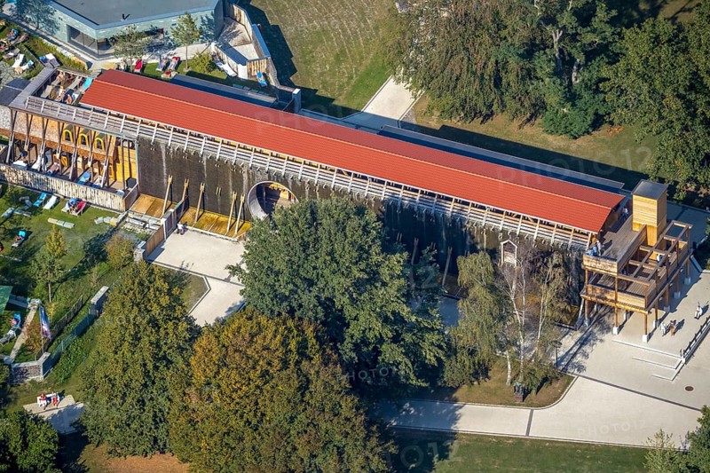 Aerial view, graduation house, Sassendorf, Bad Sassendorf, district of Soest, North Rhine-Westphalia, Germany, salt production plant, DE, Europe, green spaces, wooden scaffolding, district of Soest-Buch, district of Soest-Buch, spa gardens, aerial view, aerial photography, aerial photography, overview, bird's-eye view, overview