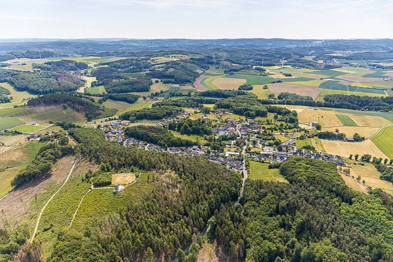 Aerial view, aerial view of Eisborn, Balve, Sauerland, North Rhine-Westphalia, Germany, DE, village view, Europe, property tax, hilly landscape, real estate, aerial view, aerial photography, aerial photography, local view, overview, bird's eye view, forest area, meadows and fields, residential area, living and living, residential area, residential buildings, housing estate, birds-eyes view, overview