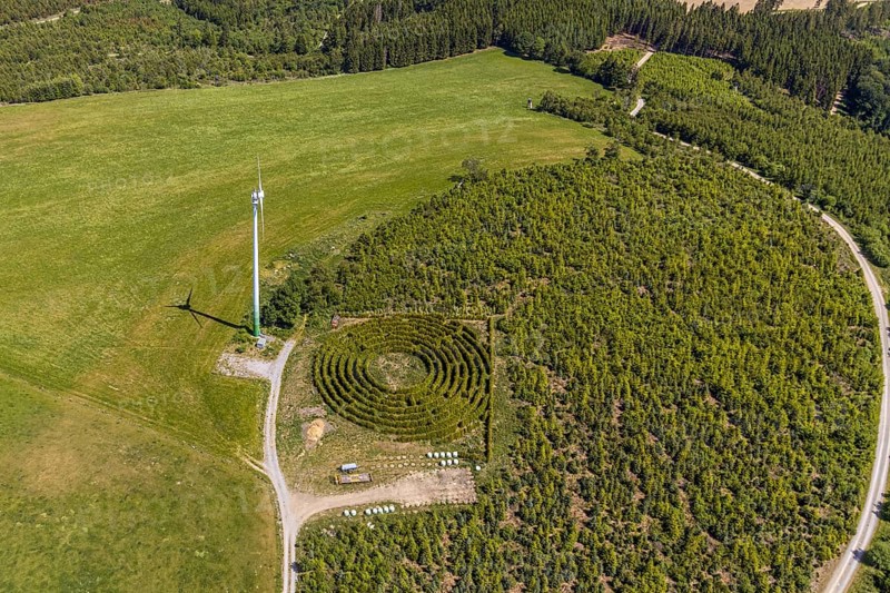 Aerial view, windmill, labyrinth, Schultenhof, Balve, Sauerland, North Rhine-Westphalia, Germany, DE, Europe, shapes and colours, garden art, maze, art, aerial view, aerial photography, aerial photography, sense of direction, planting, overview, bird's-eye view, overview
