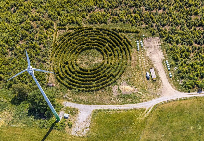Aerial view, windmill, labyrinth, Schultenhof, Balve, Sauerland, North Rhine-Westphalia, Germany, DE, Europe, shapes and colours, garden art, maze, art, aerial view, aerial photography, aerial photography, sense of direction, planting, overview, bird's-eye view, overview