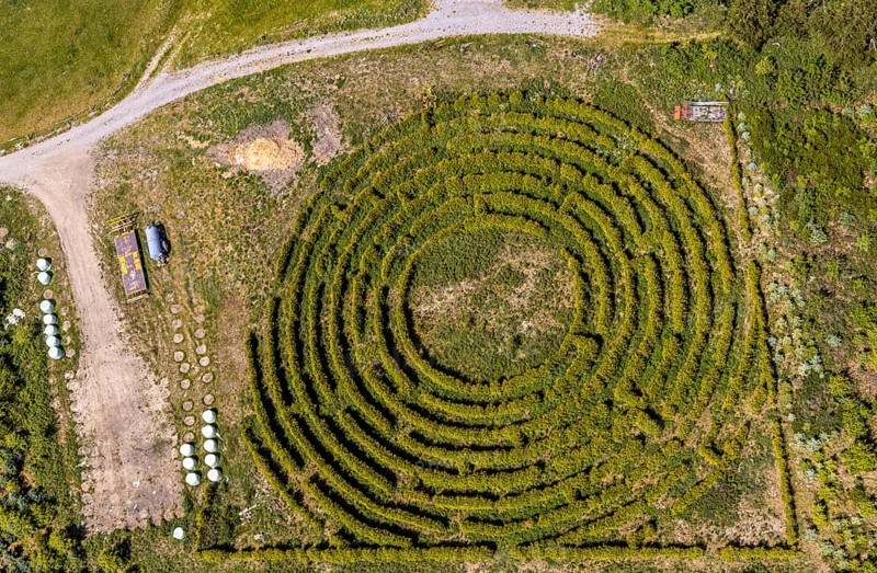 Aerial view, labyrinth, Schultenhof, Balve, Sauerland, North Rhine-Westphalia, Germany, DE, Europe, shapes and colours, garden art, maze, art, aerial view, aerial photography, aerial photography, sense of direction, planting, overview, bird's eye view, birds-eyes view, overview