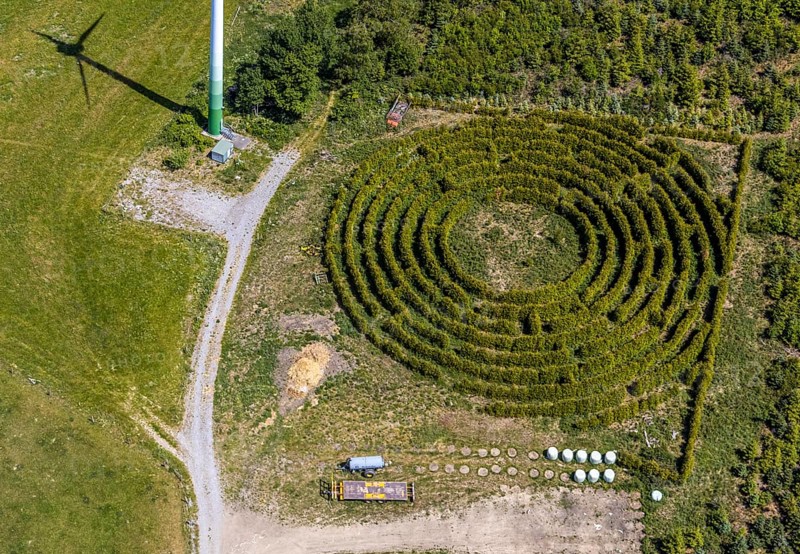 Aerial view, windmill, labyrinth, Schultenhof, Balve, Sauerland, North Rhine-Westphalia, Germany, DE, Europe, shapes and colours, garden art, maze, art, aerial view, aerial photography, aerial photography, sense of direction, planting, overview, bird's-eye view, overview