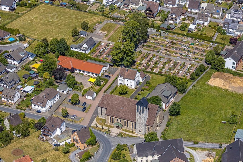 Aerial view, Catholic Church of St. Three Kings, Catholic Kindergarten of St. Three Kings, Catholic Cemetery of St. Three Kings Garbeck, Balve, Sauerland, North Rhine-Westphalia, GermanyDrei-Könige Garbeck, Balve, Sauerland, North Rhine-Westphalia, Germany, place of worship, burial place, DE, Europe, cemetery, memorial, religious community, place of worship, house of God, graves, burial ground, kindergarten, day nursery, day nursery, church, parish, day nursery, denomination, aerial view, aerial photography, aerial photography, resting place, overview, bird's-eye view, overview