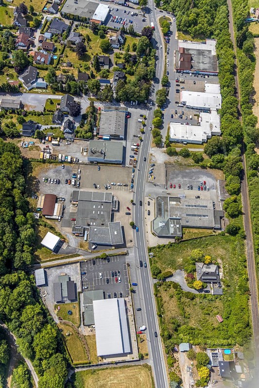 Aerial view, retail mile, shopping street Hönnetalstraße, Bundesstraße 229, Balve, Sauerland, North Rhine-Westphalia, Germany, DE, shopping, shopping mall, shopping mile, shopping markets, shopping place, shopping street, shopping centre, Europe, aerial view, aerial photography, aerial photography, local supply centre, overview, bird's-eye view, overview