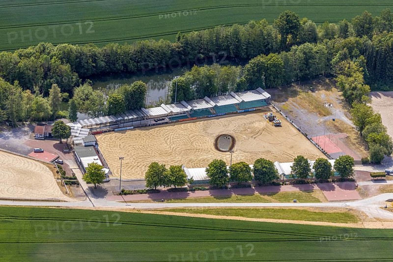Aerial view, riding centre Reiterverein Balve, at Wocklum Castle, Balve, Sauerland, North Rhine-Westphalia, Germany, DE, Europe, aerial view, aerial photography, aerial photography, horses, equestrian sport, riding centre, riding stable, riding club, riding stable, overview, bird's-eye view, forest area, Wocklum, birds-eyes view, overview