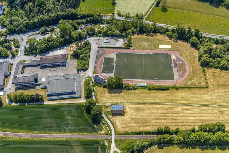 Aerial view, sports ground SG Balve/Garbeck 23/21, triple gymnasium Balve, Gemeinschaftshauptschule, Am Krumpaul, Balve, Sauerland, North Rhine-Westphalia, Germany, education, educational institution, DE, Europe, football pitch, football stadium, football club, secondary school, educational institute, aerial photograph, aerial photography, aerial photography, school, sports, sports facilities, sports ground, sports facility, overview, bird's-eye view, overview