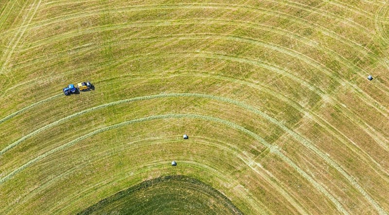 Aerial view, agricultural fields, tractor mowing meadow, Langenholthausen, Balve, Sauerland, North Rhine-Westphalia, Germany, DE, Europe, shapes and colours, agriculture, aerial view, aerial photography, aerial photography, overview, bird's-eye view, meadows and fields, birds-eyes view, overview