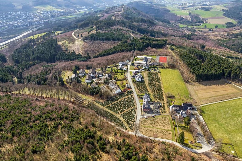 Aerial view, local view Föckinghausen, school hostel, Bestwig, North Rhine-Westphalia, Germany, forestation, DE, Europe, property tax, Hotel Waldhaus Föckinghausen, hilly landscape, real estate, aerial view, aerial photography, aerial photography, Sauerland, sports facilities, sports field, sports facility, overview, bird's eye view, forest area, woodland, meadows and fields, residential area, living and life, residential area, residential buildings, residential quality, housing estate, birds-eyes view, overview