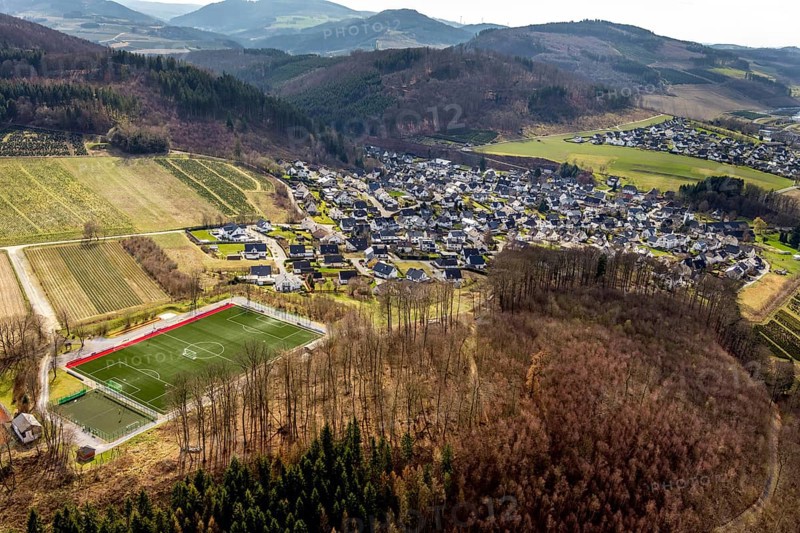 Aerial view, local view Bestwig, sports field Ostwig, Bestwig, North Rhine-Westphalia, Germany, mountains and valleys, DE, Europe, property tax, hilly landscape, real estate, aerial view, aerial photography, aerial photography, Sauerland, overview, bird's-eye view, forest area, living and life, residential area, birds-eyes view, overview