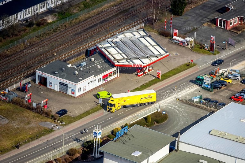 Aerial view, petrol station AVIA Mikus Nuttlar, federal road B7, Bestwig, North Rhine-Westphalia, Germany, railway area, DE, Europe, aerial view, aerial photography, aerial photography, petrol station, overview, bird's-eye view, overview