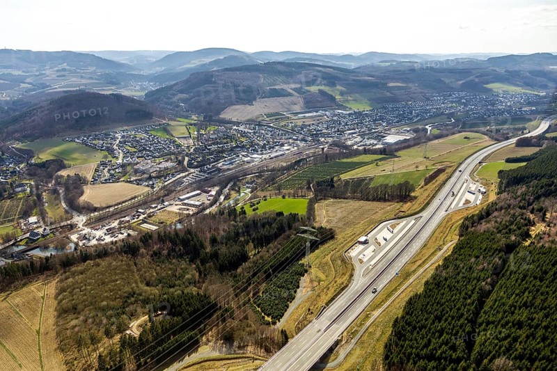 Aerial view, motorway A46 rest area Nuttlar, Bestwig, North Rhine-Westphalia, Germany, motorway A46 extension, DE, Europe, hilly landscape, aerial view, aerial photography, aerial photography, rest area, Sauerland, overview, bird's-eye view, overview