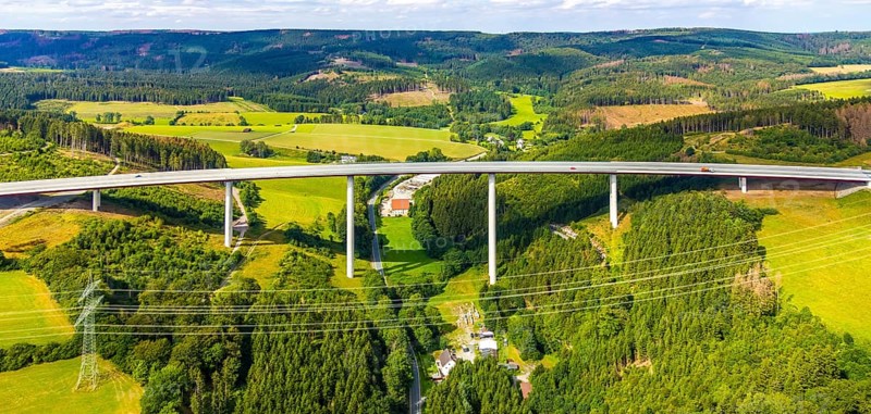 Aerial view, Nuttlar viaduct, motorway A46, Bestwig, Sauerland, North Rhine-Westphalia, Germany, bridge, DE, Europe, hilly landscape, aerial view, aerial photography, aerial photography, mixed forest, Rüthener Straße, Nuttlar viaduct A46, overview, bird's-eye view, forest, forest area, forest damage, forest dieback, meadows and fields, birds-eyes view, overview