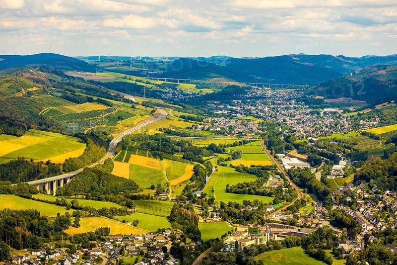 Aerial view, Ruhr valley bridge Velmede, valley bridge Schormecke, river Ruhr, motorway A46, view of Velmede and Borghausen in Bestwig, Sauerland, North Rhine-Westphalia, Germany, motorway bridge, Bestwig, bridge, DE, Europe, distant view, hilly landscape, aerial view, aerial photography, aerial photography, overview, bird's-eye view, forest area, meadows and fields, birds-eyes view, overview