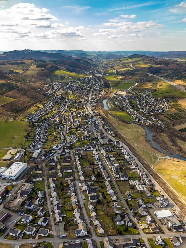 Aerial view, view of Bestwig district Velmede, river Ruhr, meadows and fields, Bestwig, North Rhine-Westphalia, Germany, motorway A46, motorway junction Bestwig, DE, Europe, distant view, hilly landscape, aerial view, aerial photography, aerial photography, Sauerland, overview, bird's-eye view, overview