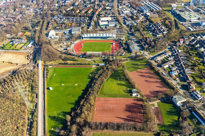 Aerial view, Lohrheidestadion, Leithe, Bochum, Ruhr area, North Rhine-Westphalia, Germany, DE, Europe, football pitch, football stadium, football club, aerial view, aerial photography, aerial photography, Olympic Training Centre Ruhr-East, sports, sports facilities, sports field, sports field Espenloh, sports facility, stadium, overview, bird's eye view, bird's eye view, overview