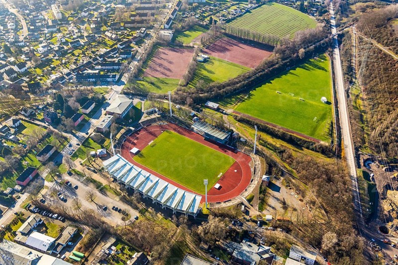 Aerial view, Lohrheide stadium, Leithe, Bochum, Ruhr area, North Rhine-Westphalia, Germany, DE, Europe, football pitch, football stadium, football club, Lohrheide, aerial view, aerial photography, aerial photography, Olympic Training Centre Ruhr-East, sports, sports facilities, sports field, sports field Espenloh, sports facility, stadium, overview, bird's-eye view, bird's-eye view, overview