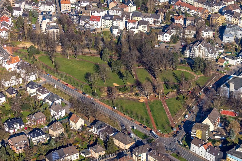 Aerial view, park memorial, construction site at the memorial monument, Westenfeld, Wattenscheid, Bochum, Ruhr area, North Rhine-Westphalia, Germany, DE, memorial, Europe, leisure activities, aerial photography, aerial photography, aerial photography, park, overview, bird's-eye view, historical sight, overview
