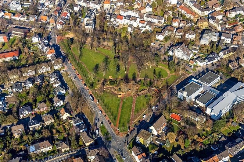 Aerial view, park memorial, construction site at the memorial monument, Westenfeld, Wattenscheid, Bochum, Ruhr area, North Rhine-Westphalia, Germany, DE, memorial, Europe, leisure activities, aerial photography, aerial photography, aerial photography, park, overview, bird's-eye view, historical sight, overview