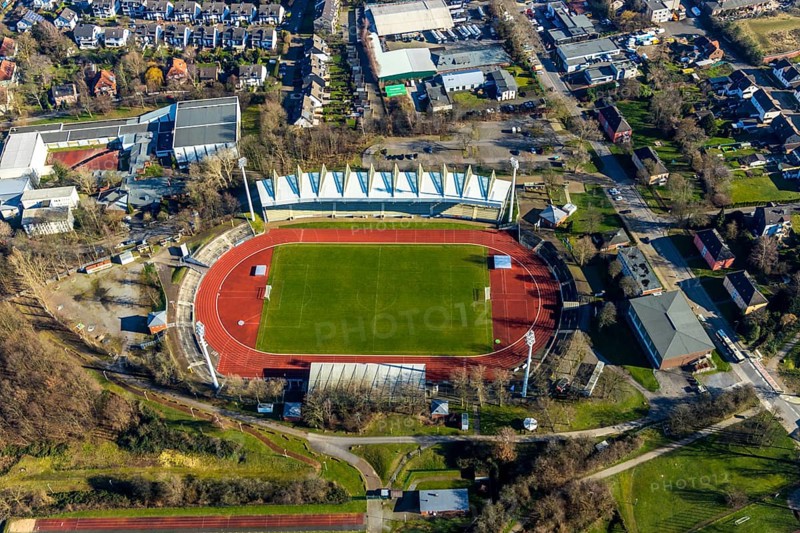 Aerial view, Lohrheide stadium, Leithe, Bochum, Ruhr area, North Rhine-Westphalia, Germany, DE, Europe, football pitch, football stadium, football club, aerial view, aerial photography, aerial photography, Olympic Training Centre Ruhr-East, sports, sports facilities, sports field, sports venue, stadium, overview, bird's-eye view, overview
