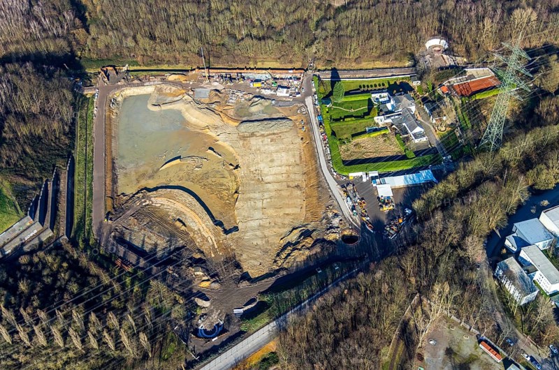 Aerial view, construction site rainwater retention basin Wattenscheider Bach, Hollandstraße, Leithe, Bochum, Ruhr area, North Rhine-Westphalia, Germany, wastewater regulation, DE, Europe, aerial view, aerial photography, aerial photography, rainwater retention, rainwater retention basin, overview, bird's-eye view, overview