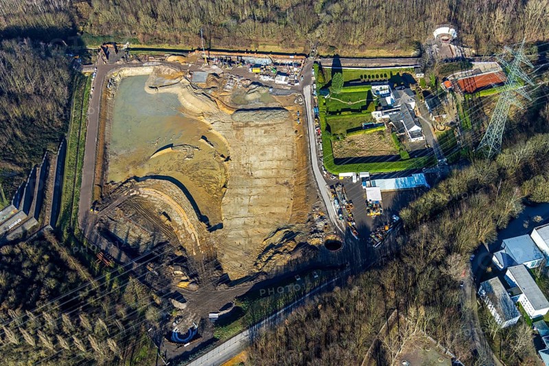 Aerial view, construction site rainwater retention basin Wattenscheider Bach, Hollandstraße, Leithe, Bochum, Ruhr area, North Rhine-Westphalia, Germany, wastewater regulation, DE, Europe, aerial view, aerial photography, aerial photography, rainwater retention, rainwater retention basin, overview, bird's-eye view, overview