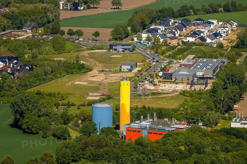 Aerial view, Stadtwerke Bochum colourful buildings, industrial area Steiger-Stein-Straße, residential area Marie-Luise-Tanski-Straße Bochum, Ruhr area, North Rhine-Westphalia, Germany, Bochum, DE, Europe, aerial view, aerial photography, aerial photography, overview, bird's-eye view, birds-eyes view, overview