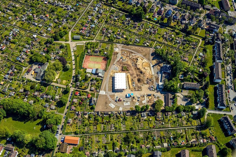 Aerial view, allotment garden association Bochum-Riemke, construction site Urban Green Bochum-Riemke, Bochum, Ruhr area, North Rhine-Westphalia, Germany, DE, Europe, community garden, allotment garden, allotment garden site, allotment garden association, aerial view, aerial photography, aerial photography, allotment garden, overview, bird's-eye view, overview