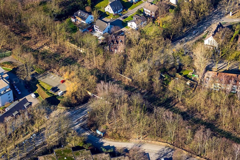 Aerial view, street subway Parkstraße Aschenbruch, Günnigfeld, Bochum, Ruhr area, North Rhine-Westphalia, Germany, railway tracks, DE, Europe, property tax, real estate, aerial photography, aerial photography, aerial photography, tunnel, overview, subway, residential complex, living and living, residential area, residential buildings, housing estate, housing estate bird's-eye view, overview