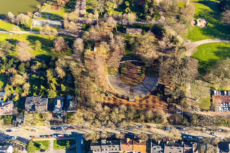 Aerial view, Stadtgarten Wattenscheid, semicircular theatre arena, open-air theatre, Wattenscheid, Bochum, Ruhr area, North Rhine-Westphalia, Germany, DE, Europe, green spaces, concerts, aerial view, aerial photography, aerial photography, Parkstraße, drama, theatre, overview, bird's eye view, birds-eyes view, overview