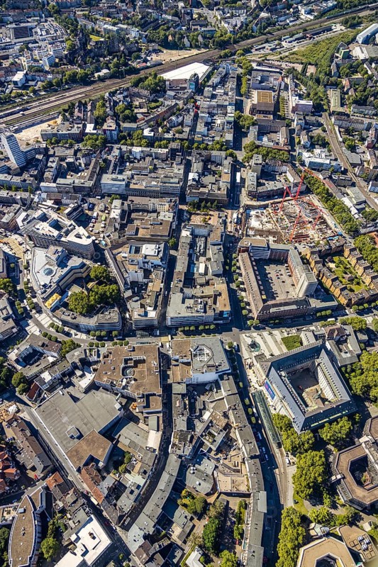Aerial view, pedestrian zone Kortumstraße between Nordring and Konrad-Adenauer-Platz, Bermuda triangle, Grumme, Bochum, Ruhr area, North Rhine-Westphalia, Germany, DE, Europe, birds-eyes view, aerial view, aerial photography, aerial photography, overview, overview, bird's eye view, urban planning, reconstruction measures, construction site, overplanning