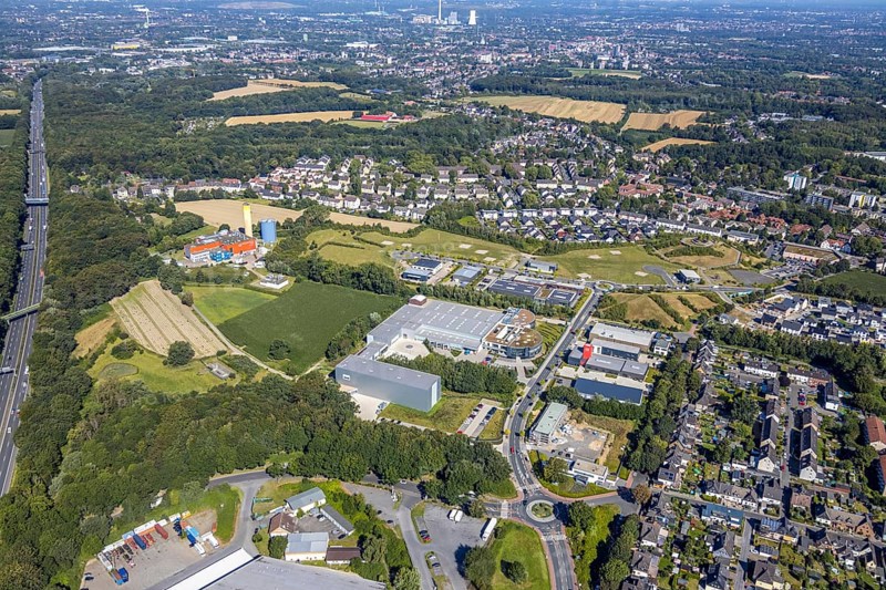 Aerial view, industrial park Hiltrop, Bochum, Ruhr area, North Rhine-Westphalia, Germany, DE, Europe, birds-eyes view, aerial photography, aerial photography, aerial photography, overview, overview, bird's eye view, urban planning, reconstruction measures, construction site, overplanning, Stadtwerke Bochum, wholesale Friedrich PICARD GmbH & Co. KG