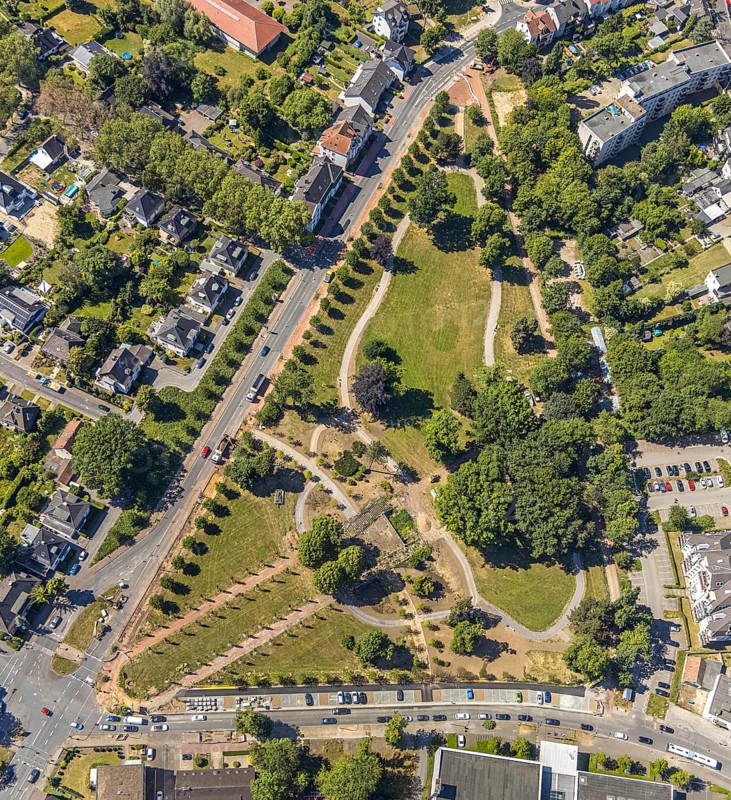 Aerial view, renovation of the park at the memorial, Bochum-Wattenscheid, Ruhr area, North Rhine-Westphalia, Germany, building, DE, monument protection, Europe, green area, green belt, aerial view, aerial photography, aerial photography, park, park area, park area memorial, sight, overview, bird's eye view, old trees, birds-eyes view, overview