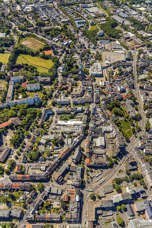 Aerial view, city centre view, pedestrian street Oststraße, Hochstraße, Friedenskirche, sports ground Berliner Straße, Bochum-Wattenscheid, Ruhr area, North Rhine-Westphalia, Germany, City, DE, shopping mile, shopping place, shopping street, Europe, specialist stores, pedestrian zone, city centre, church St. Gertrud von Brabant, aerial view, aerial photography, aerial photography, location view, shopping, townscape, city centre, overview, bird's eye view, birds-eyes view, overview