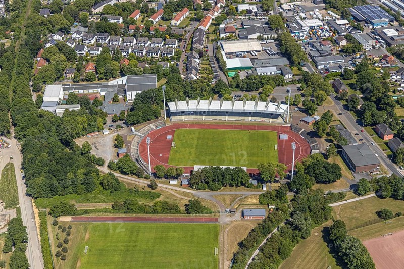 Aerial view, Lohrheidestadion, Bochum-Wattenscheid, Ruhr area, North Rhine-Westphalia, Germany, arena, DE, Europe, football pitch, football stadium, football club, aerial view, aerial photography, aerial photography, SG Wattenscheid 09, sports, sports facilities, sports field, sports venue, stadium, overview, bird's eye view, birds-eyes view, overview