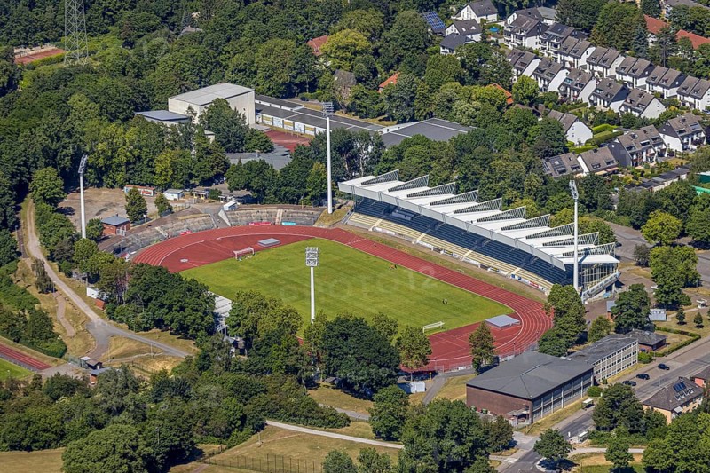 Aerial view, Lohrheidestadion, Olympic Training Centre Ruhr-Ost, Bochum-Wattenscheid, Ruhr area, North Rhine-Westphalia, Germany, Arena, DE, Europe, football pitch, football stadium, football club, aerial view, aerial photography, aerial photography, SG Wattenscheid 09, sports, sports facilities, sports field, sports facility, stadium, overview, bird's-eye view, bird's-eye view, overview