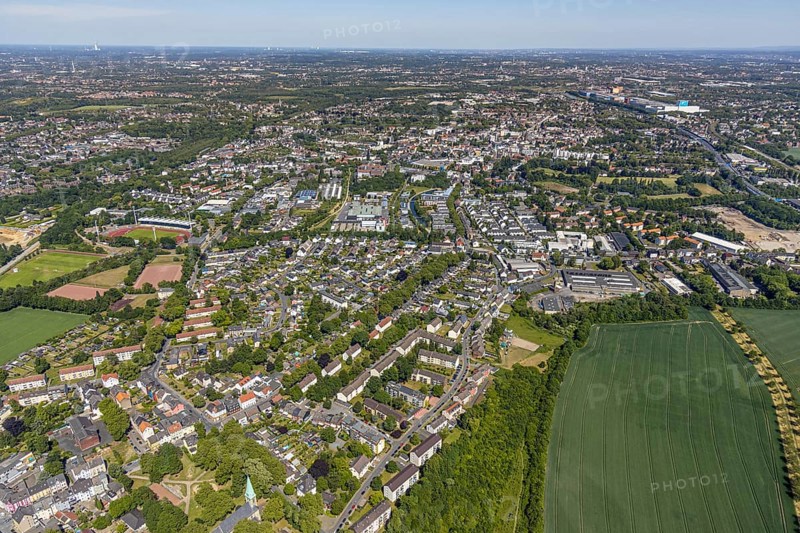 Aerial view, Lohrheidestadion, local view, Bochum-Wattenscheid, Ruhr area, North Rhine-Westphalia, Germany, arena, DE, Europe, distant view, football pitch, football stadium, football club, property tax, real estate, aerial photography, aerial photography, aerial photography, SG Wattenscheid 09, sports, sports facilities, sports field, sports facility, stadium, overview, bird's eye view, residential area, living and life, residential area, residential buildings, housing estate, birds-eyes view, overview