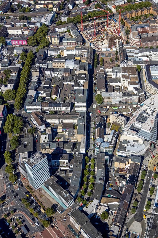 Aerial view, pedestrian zone Huestraße, old justice area, Viktoriastraße, Gleisdreieck, Bochum, Ruhr area, North Rhine-Westphalia, Germany, DE, Europe, birds-eyes view, aerial photograph, aerial photography, aerial photography, overview, overview, bird's eye view, urban planning, reconstruction measures, construction site, overplanning