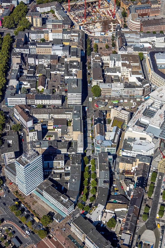 Aerial view, pedestrian zone Huestraße, old justice area, Viktoriastraße, Gleisdreieck, Bochum, Ruhr area, North Rhine-Westphalia, Germany, DE, Europe, birds-eyes view, aerial photograph, aerial photography, aerial photography, overview, overview, bird's eye view, urban planning, reconstruction measures, construction site, overplanning