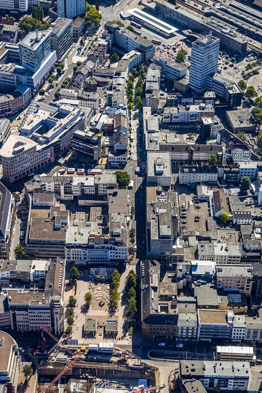 Aerial view, pedestrian zone Huestraße, old justice area, Viktoriastraße, Gleisdreieck, Bochum, Ruhr area, North Rhine-Westphalia, Germany, DE, Europe, birds-eyes view, aerial photograph, aerial photography, aerial photography, overview, overview, bird's eye view, urban planning, reconstruction measures, construction site, overplanning