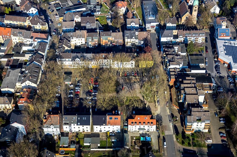 Aerial view, Gether Markt, rope disc Lothringen colliery, Gerthe, Bochum, Ruhr area, North Rhine-Westphalia, Germany, Brandenbuschstraße, DE, shopping centre, Europe, property tax, real estate, aerial view, aerial photography, aerial photography, market, marketplace, landmark, Turmstraße, overview, bird's eye view, residential area, residential buildings, housing estate, birds-eyes view, former Lothringen colliery site, overview
