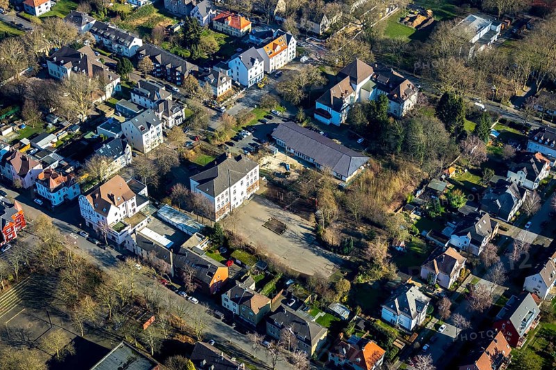 Aerial photograph, Hans-Christian-Andersen School, Gerthe Citizens' Office, Heinrichstraße, Gerthe, Bochum, Ruhr area, North Rhine-Westphalia, Germany, authority, education, educational institution, DE, Europe, primary school, teaching institute, aerial photograph, aerial photography, aerial photography, school, overview, bird's-eye view, bird's-eye view, overview