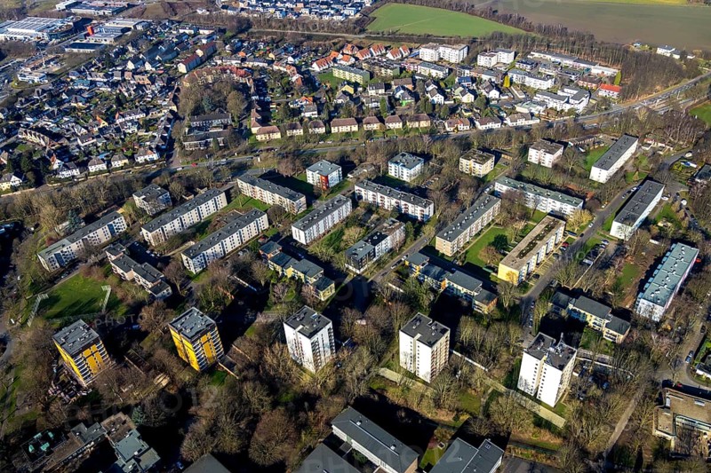 Aerial view, residential area, Bochum North, high-rise buildings Händelstraße, Bochum, Ruhr area, North Rhine-Westphalia, Germany, DE, Europe, property tax, high-rise buildings, real estate, aerial photography, aerial photography, overview, bird's-eye view, residential area, housing and living, residential buildings, residential neighbourhood, housing estate, birds-eyes view, overview