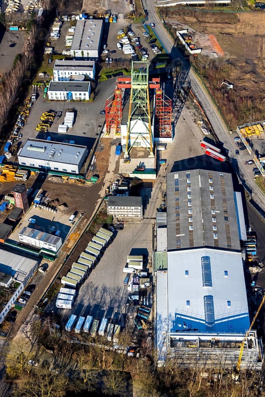 Aerial view, former Robert Müser colliery, winding tower, Werne, Bochum, Ruhr area, North Rhine-Westphalia, Germany, mine, DE, Europe, commercial area, commercial use, industrial area, industrial site, aerial photograph, aerial photography, aerial photography, production plants, production halls, coal mine, overview, bird's-eye view, Von-Waldthausen-Straße, Robert Müser colliery, birds-eyes view, overview