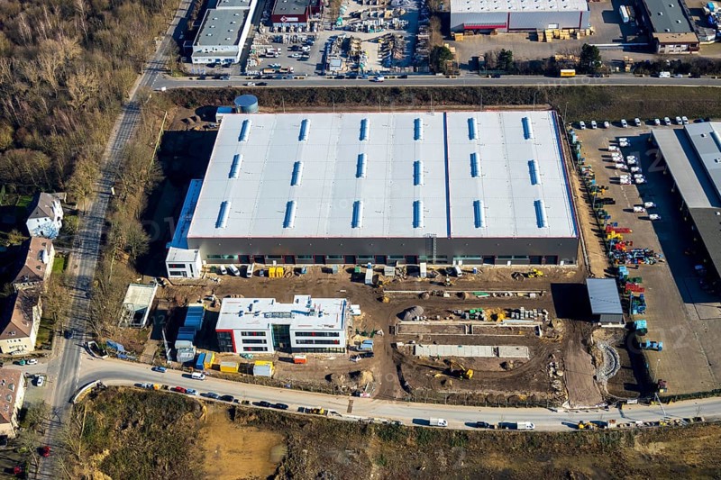 Aerial view, construction site new building BROCK Kehrtechnik GmbH, company headquarters, production site, Arnoldschacht, Werne, Bochum, Ruhr area, North Rhine-Westphalia, Germany, construction work, construction area, construction site, building plots, construction project, construction site, DE, development, Europe, commercial area, commercial area, commercial use, industrial site, capacity requirements, aerial view, aerial photography, aerial photography, new construction, overview, bird's-eye view, former coking plant site Robert Müser, overview