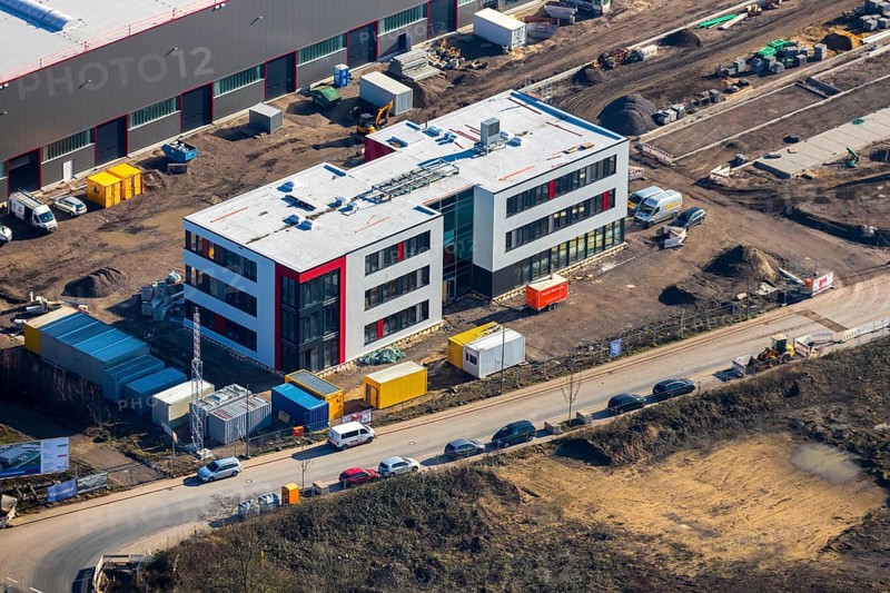 Aerial view, construction site new building BROCK Kehrtechnik GmbH, company headquarters, production site, Arnoldschacht, Werne, Bochum, Ruhr area, North Rhine-Westphalia, Germany, construction work, construction area, construction site, building plots, construction project, construction site, DE, development, Europe, commercial area, commercial area, commercial use, industrial site, capacity requirements, aerial view, aerial photography, aerial photography, new construction, overview, bird's-eye view, former coking plant site Robert Müser, overview